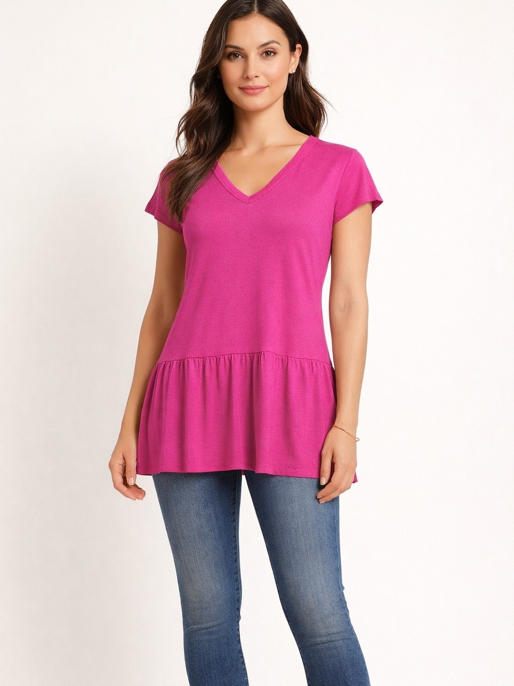 Time and Tru Hot Pink V-Neck Short Sleeve Peplum Top